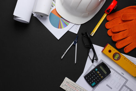 Creative layout of architects with roll drawings, architectural project plan, engineering tools and stationery on black background, workspace. Top view. Flat lay. Copy spaceの写真素材