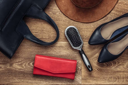 Women's stylish accessories on the floor. Fashionista. Top view. Flat layの写真素材