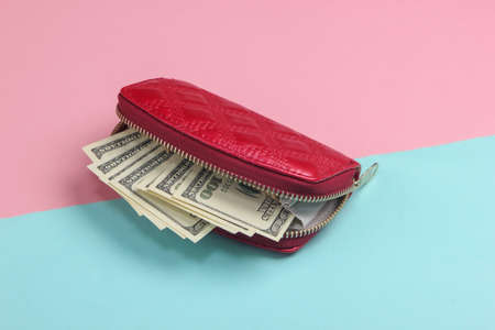 Red wallet with hundred dollar bills on a blue-pink pastel background.の写真素材