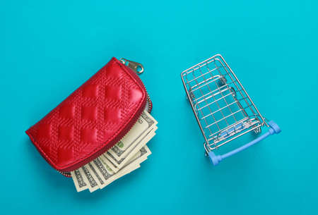 Red wallet with hundred dollar bills and shopping trolley on blue background. Top viewの写真素材