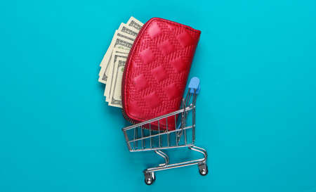 Red wallet with hundred dollar bills and shopping trolley on blue background. Top viewの写真素材
