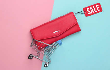 Shopping trolley and fashionable leather wallet with red sale tag on pink blue background. Top view....