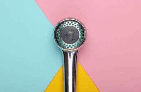 Shower head for the bathroom on colored background. Top viewの写真素材