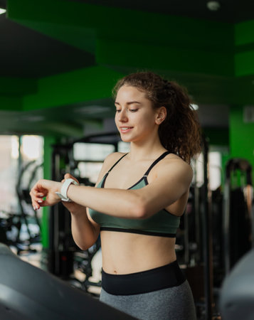 Fit woman in sportswear runs on a treadmill and looks at her watch in the gym. The concept of a...