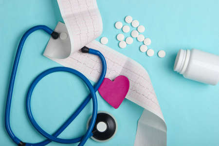 Diagnosis and prevention (treatment) of cardiovascular diseases. Heart cardiogram, stethoscope,...