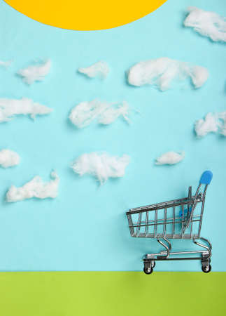 Handmade composition with shopping trolley on the lawn and sunny sky with clouds. Eco shopping conceptの写真素材