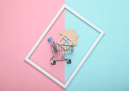 Shopping trolley with mini house in a white frame on pink blue pastel background. House purchase....