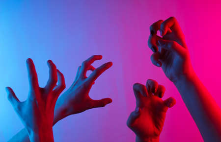 Halloween concept. Female hands with scary gestures. Neon blue-pink gradient light. Night glow. Creative artの写真素材