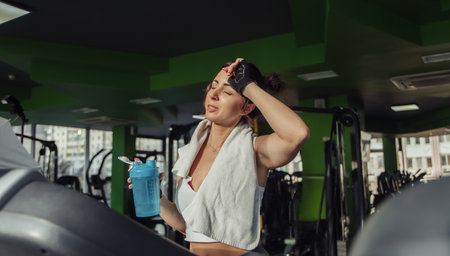 Tired fit woman with a towel on her shoulders holding water bottle on a treadmill. Weight Loss...