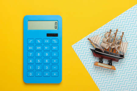 Calculation of the cost of a cruise, travel or sea delivery. Calculator with a ship figure on blue...