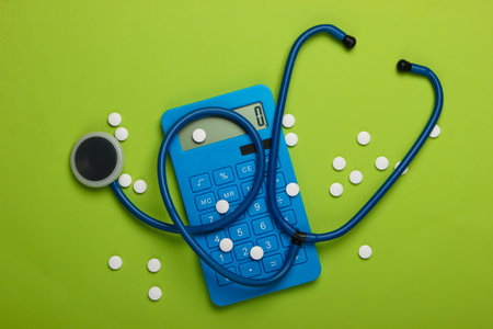 Health Care Concept. Calculator with a stethoscope, pills on green background. Top viewの写真素材