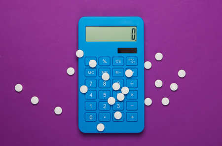 Calculation of the cost of medical expenses. Calculator and pills on purple background. Top view....