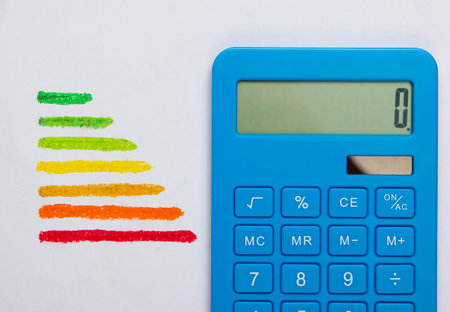 Energy efficiency rating and calculator on a white background. Top view. Eco conceptの写真素材