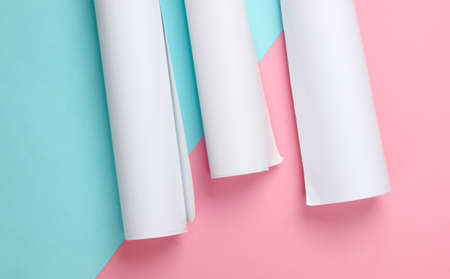 Blueprint rolls, project plan on blue pink pastel background. Top view. Flat layの写真素材