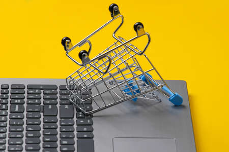 Global online supermarket. Shopping cart on laptop keyboard. Yellow studio backgroundの写真素材