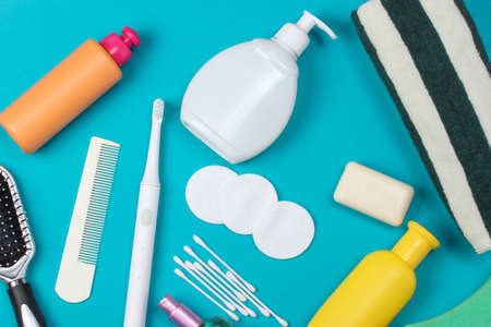 Beauty, health care, cosmetics, hygiene product on blue background.
