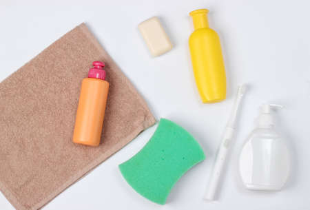 Beauty, health care, cosmetics, hygiene product on white background. Flat lay. Top viewの写真素材