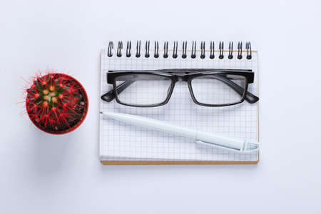 Notebook with pen, glasses, cactus on white background. Working space. Top viewの写真素材