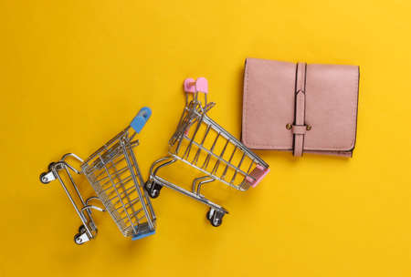 Two mini supermarket trolleys with wallet on yellow background. shopping concept. top view. minimalismの写真素材