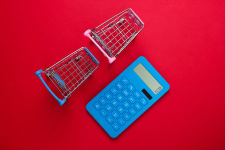 Two mini supermarket trolleys with calculator on red background. shopping concept. top view....