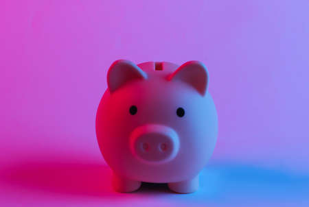 Piggy bank in trendy neon light. Gradient pink-blue glow. Concept art. Minimalismの写真素材