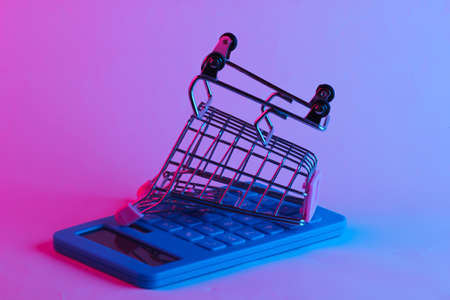 Shoping trolley with calculator in trendy neon light. Gradient pink-blue glow. Concept art. Minimalismの写真素材