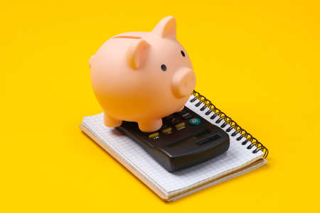 Piggy bank, notebook and calculator on yellow background. Minimalistic studio shot.の写真素材