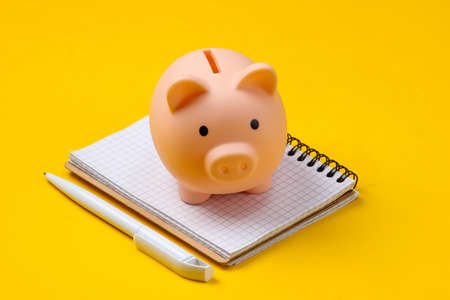 Piggy bank and notebook on yellow background. Minimalistic studio shot.の写真素材
