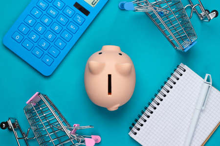 Shopping budget. Shopping list. Piggy bank, notepad, supermarket trolley, calculator on a blue...