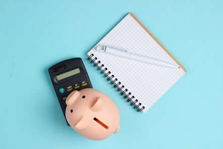 Piggy bank, notebook and calculator on blue background. Minimalistic studio shot. Top viewの写真素材