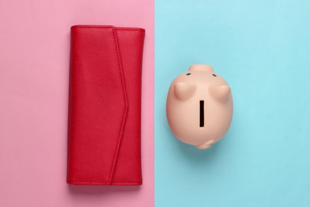 Piggy bank and wallet on pink blue pastel background. Minimalistic studio shot. Overhead view. Flat...
