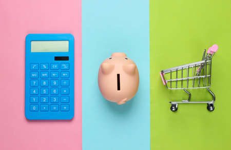 Piggy bank and calculator, shopping trolley on colored pastel background. Minimalistic studio shot. Overhead view. Flat lay.の写真素材