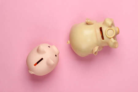 Two Piggy bank on pink pastel background. Minimalistic studio shot. Overhead view. Flat lay.の写真素材