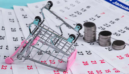 Savings for shopping. Supermarket trolley with a stack of coins on a monthly calendarの写真素材