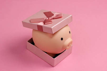 Piggy bank in gift box on pink background.の写真素材