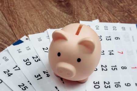 Piggy bank with a monthly calendar on wooden background. Monthly Budget.の写真素材