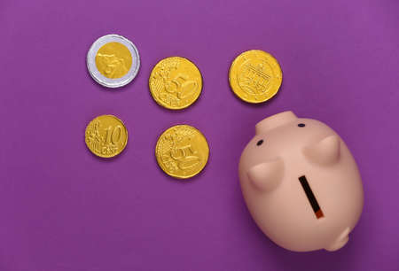 Piggy bank with coins on purple background. Top view
