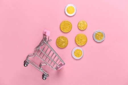 Shopping theme. Mini Supermarket trolley with coins on pink background.