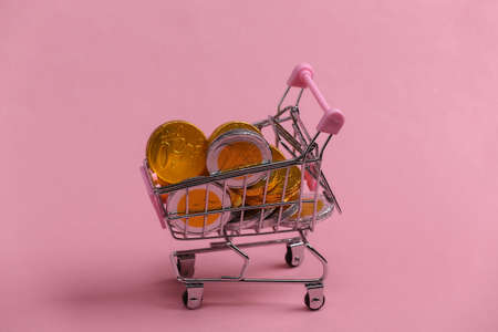 Shopping theme. Mini Supermarket trolley with coins on pink background.の写真素材