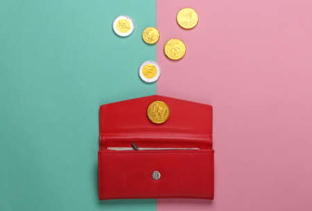 Leather wallet with coins on pink blue background. Top viewの写真素材