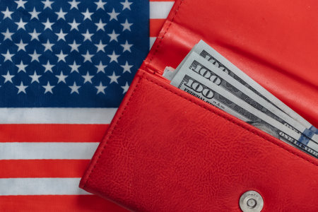 Red leather wallet with hundred dollar bills on the background of the USA flagの写真素材