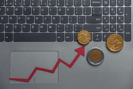 Online business, trading. Red growth arrow with coins on laptop keyboard. Arrow graph going up.の写真素材