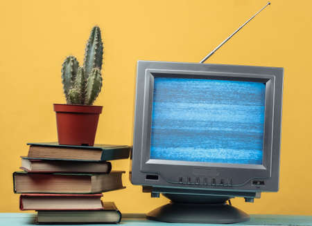 Antenna old-fashioned retro tv receiver and stack of books with cactus on yellow backgroundの写真素材