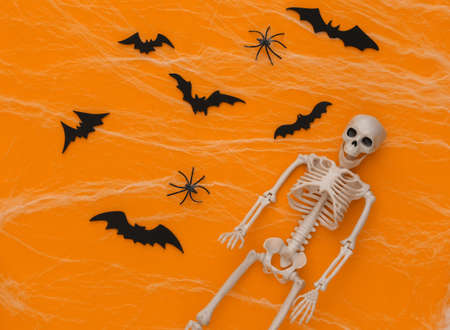 Halloween scary background, decoration. Fake skeleton, Spiders with spider web, flying bats on a...