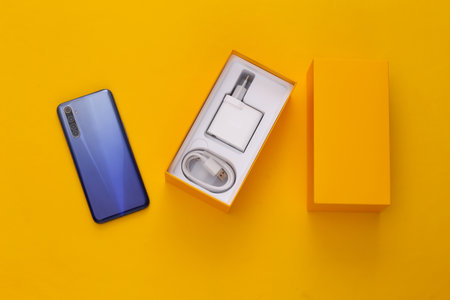 New modern smartphone in a packing box on yellow background. top view. minimalism.の写真素材