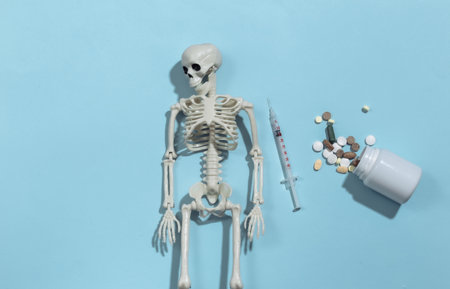 Skeleton and syringe, pills bottle on a blue bright background. drug addiction. top viewの写真素材