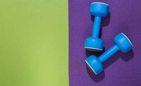 Blue dumbbells and fitness mat on green backround with copy space. Workout concept. top viewの写真素材
