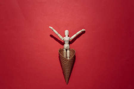 Ice cream waffle cone with puppet on red bright background. top viewの写真素材