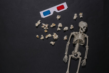 Halloween theme. Skeleton, popcorn and 3d glasses on a black background. Horror films. top viewの写真素材