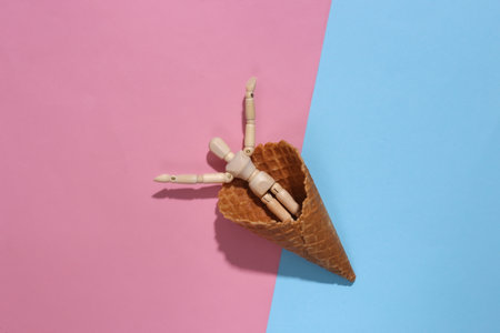 Ice cream waffle cone with puppet on pink blue background. top viewの写真素材